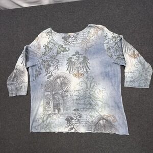 XCVI USA Graphic Top Womens 2X Blue Crest Wing Print Boho Stretch Shirt